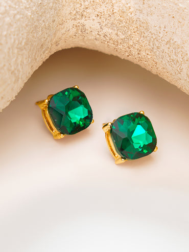Gold Plated emerald green cushion-cut stud earrings