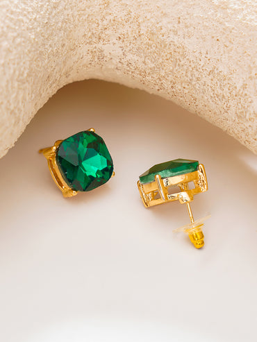 Gold Plated emerald green cushion-cut stud earrings