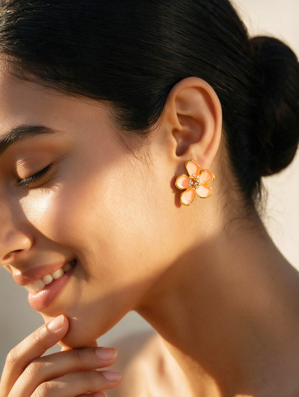 Gold Plated Blush Enamel Floral Stud Earrings