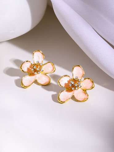 Gold Plated Blush Enamel Floral Stud Earrings