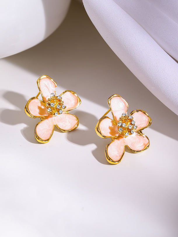 Gold Plated Blush Enamel Floral Stud Earrings