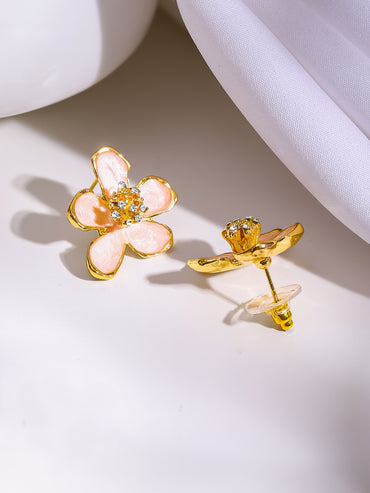 Gold Plated Blush Enamel Floral Stud Earrings