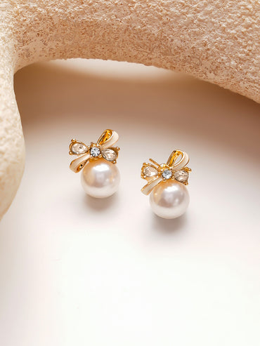 Gold-Plated Bow Pearl Stud Earrings