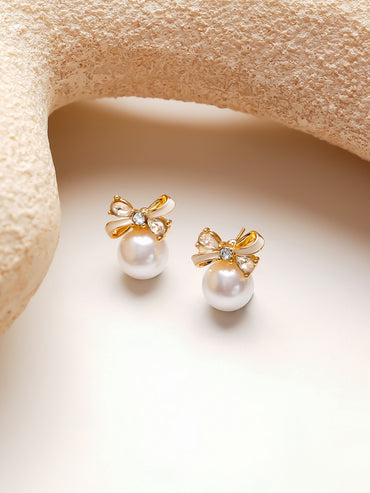 Gold-Plated Bow Pearl Stud Earrings