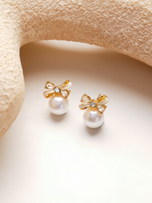 Gold-Plated Bow Pearl Stud Earrings