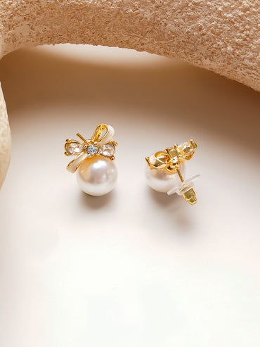 Gold-Plated Bow Pearl Stud Earrings
