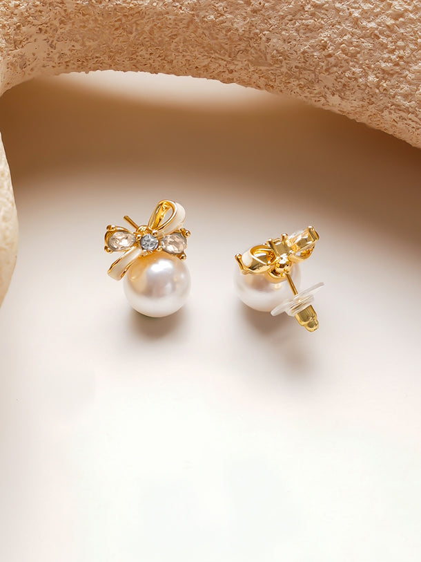Gold-Plated Bow Pearl Stud Earrings