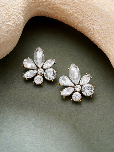 Gold Plated Frost Petal Antique Clear Crystal Floral Studs