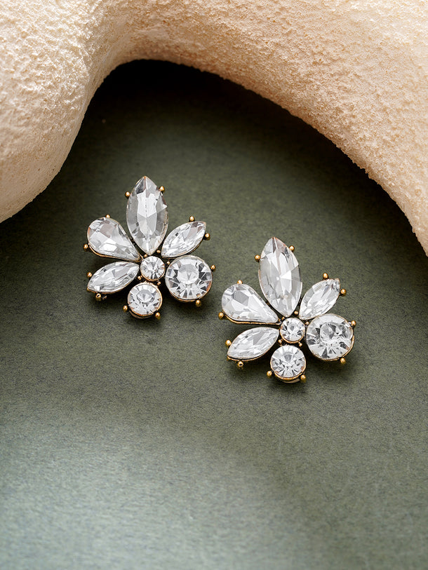 Gold Plated Frost Petal Antique Clear Crystal Floral Studs