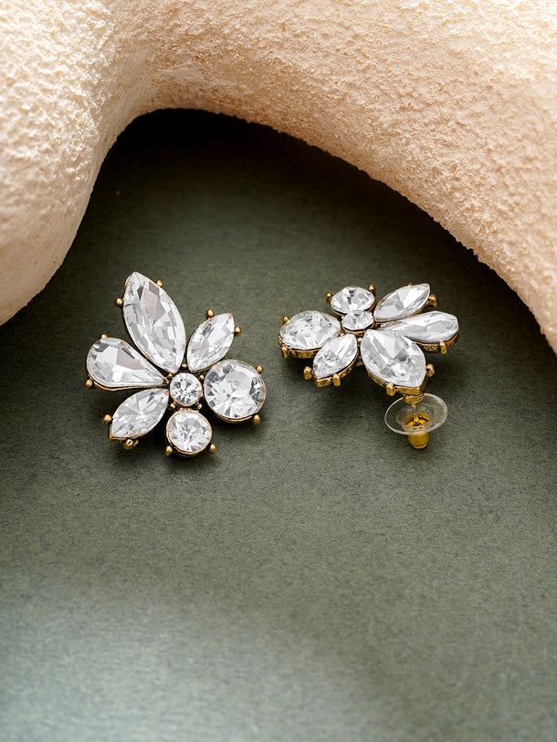 Gold Plated Frost Petal Antique Clear Crystal Floral Studs