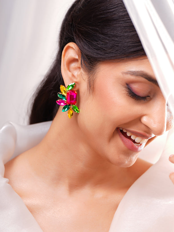 Gold Plated Fuchsia Emerald Crystal Cluster Studs Earrings