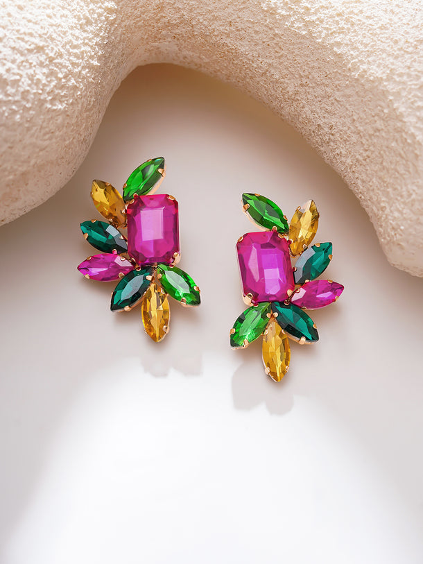 Gold Plated Fuchsia Emerald Crystal Cluster Studs Earrings