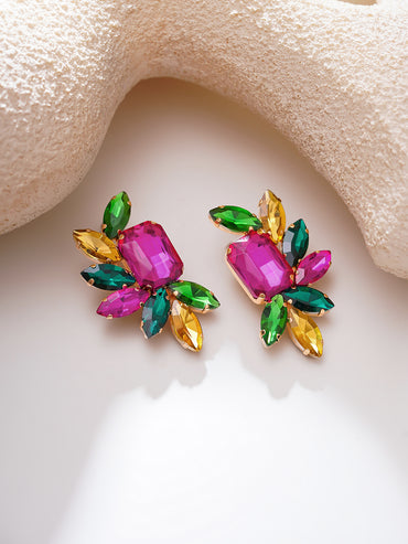 Gold Plated Fuchsia Emerald Crystal Cluster Studs Earrings