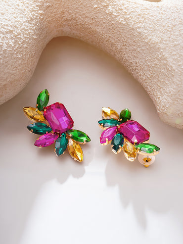 Gold Plated Fuchsia Emerald Crystal Cluster Studs Earrings