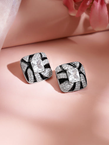 Rhodium Plated American Diamond Zirconia Cubic Black Stud Earrings