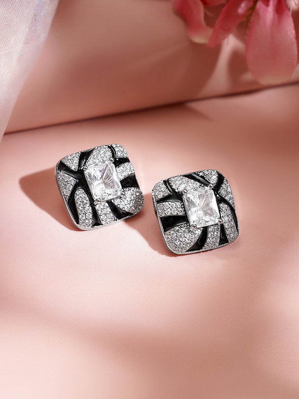 Rhodium Plated American Diamond Zirconia Cubic Black Stud Earrings
