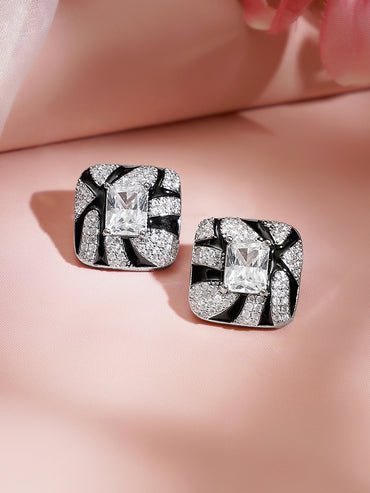 Rhodium Plated American Diamond Zirconia Cubic Black Stud Earrings
