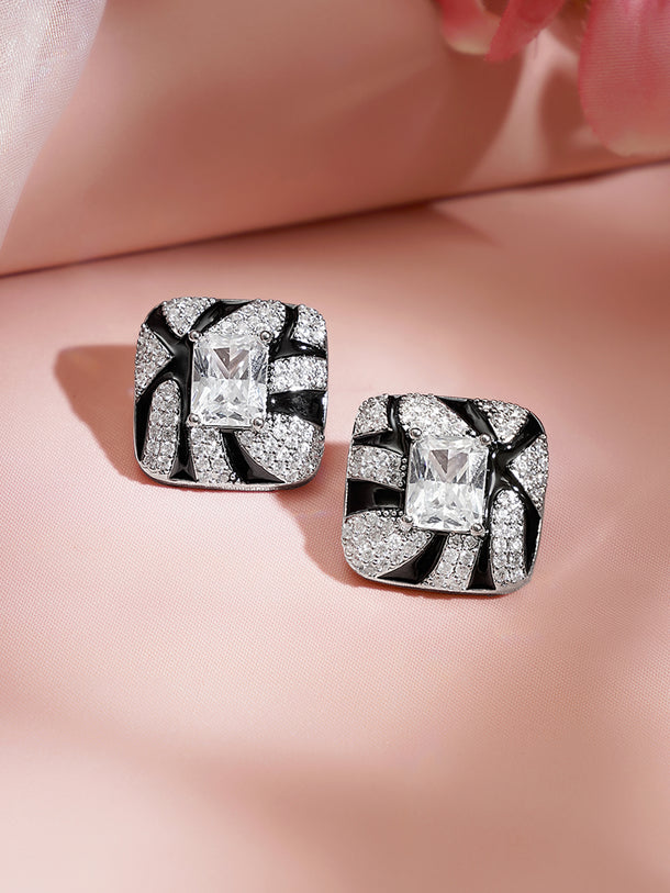 Rhodium Plated American Diamond Zirconia Cubic Black Stud Earrings