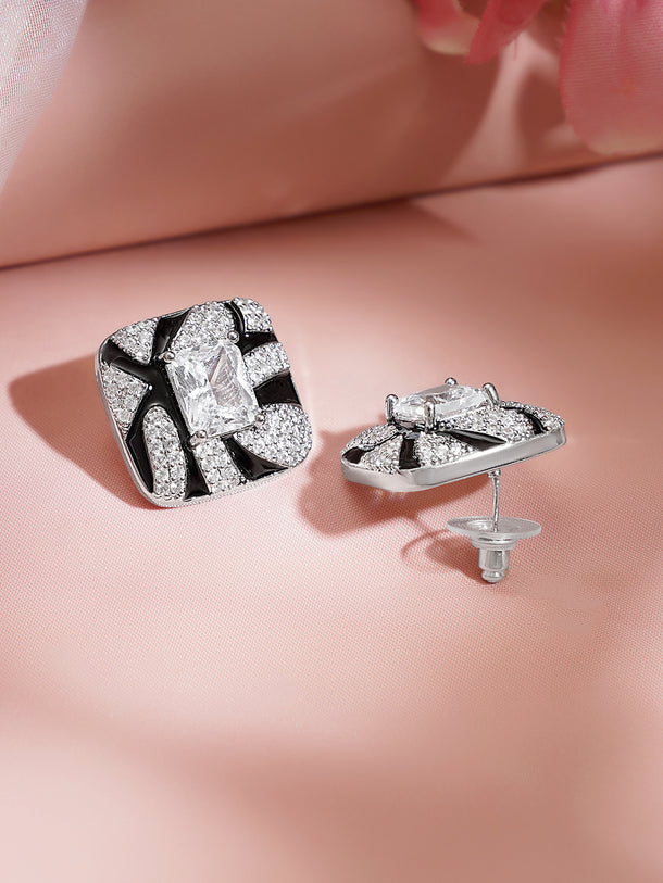 Rhodium Plated American Diamond Zirconia Cubic Black Stud Earrings