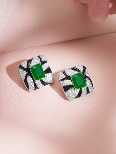 Rhodium Plated American Diamond Zirconia Emerald Cubic Multicolor Stud Earrings