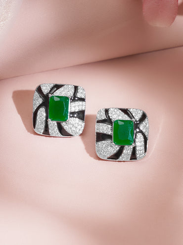 Rhodium Plated American Diamond Zirconia Emerald Cubic Multicolor Stud Earrings