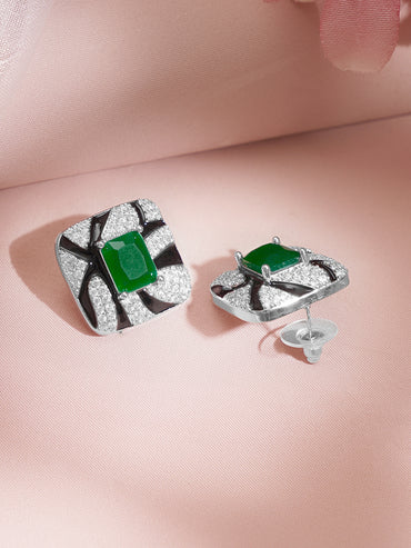 Rhodium Plated American Diamond Zirconia Emerald Cubic Multicolor Stud Earrings