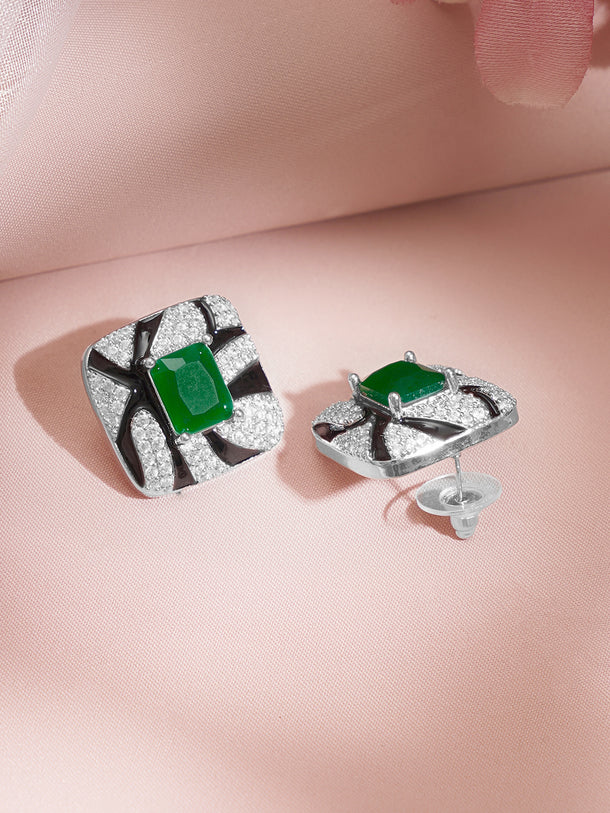 Rhodium Plated American Diamond Zirconia Emerald Cubic Multicolor Stud Earrings
