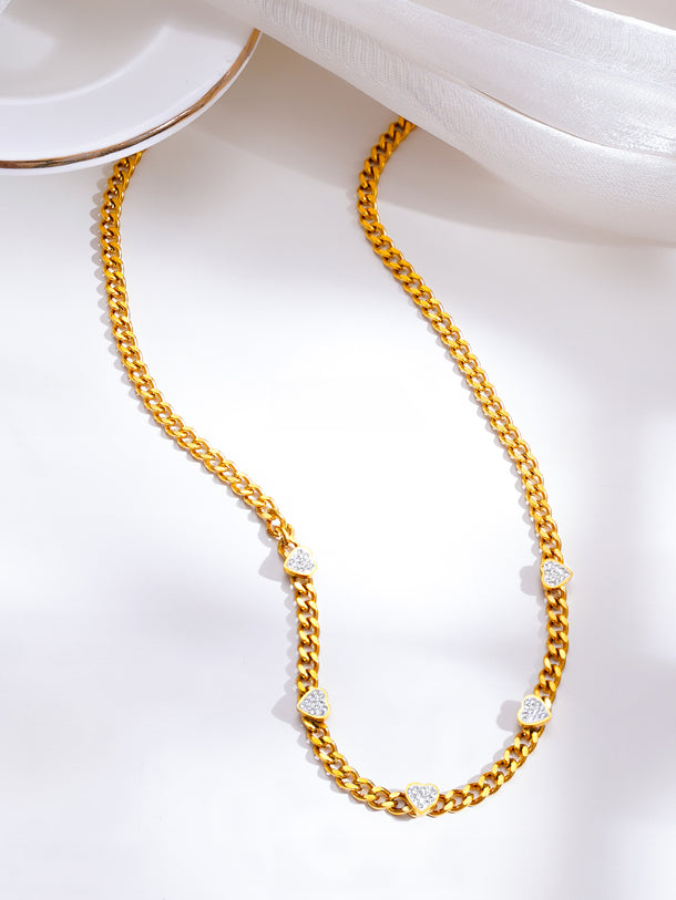 Demifine 18K Gold Plated Stainless Steel Heart Charm Cuban Chain Necklace