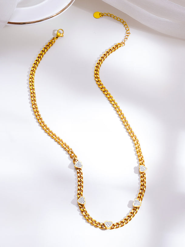 Demifine 18K Gold Plated Stainless Steel Heart Charm Cuban Chain Necklace