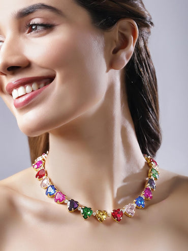 Gold Plated Candy Hearts Multicolour Crystal Necklace