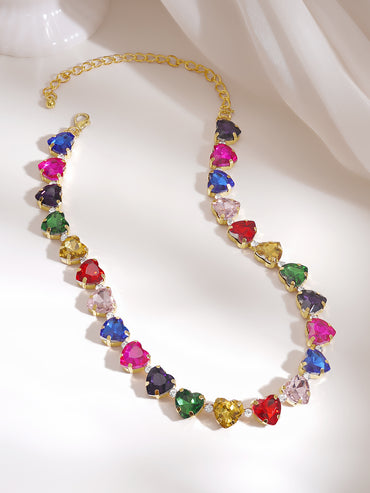 Gold Plated Candy Hearts Multicolour Crystal Necklace