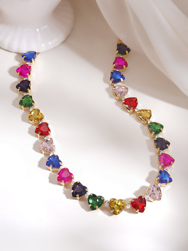 Gold Plated Candy Hearts Multicolour Crystal Necklace