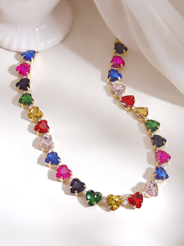 Gold Plated Candy Hearts Multicolour Crystal Necklace