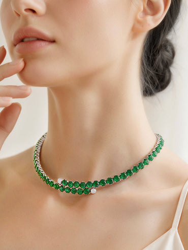 Rhodium Plated Emerald Embrace Wrap Crystal Choker Necklace