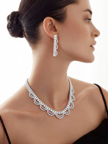 Rhodium Plated Starlight Crystal Scallop Necklace Set
