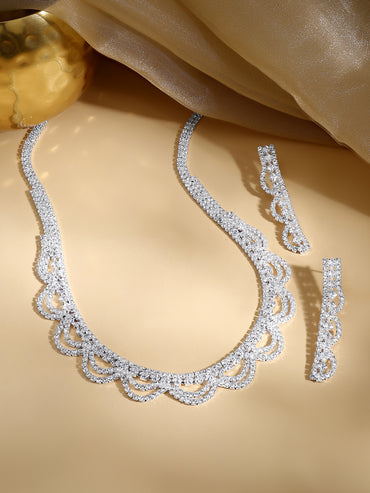 Rhodium Plated Starlight Crystal Scallop Necklace Set