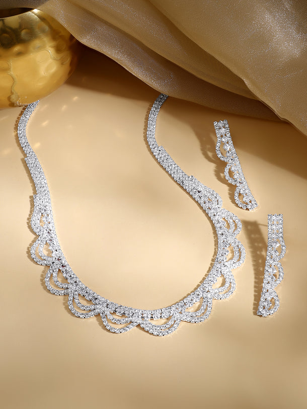 Rhodium Plated Starlight Crystal Scallop Necklace Set