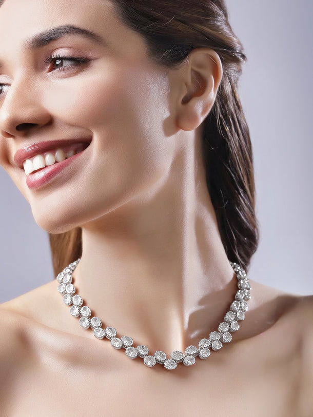 Rhodium Plated Moonlit Cluster Crystal Choker Necklace