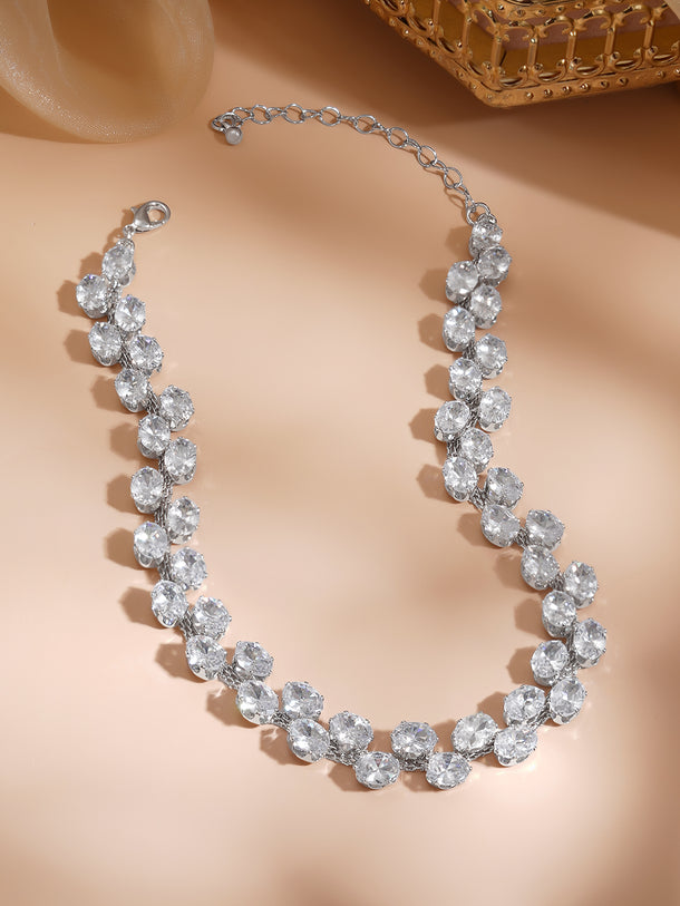Rhodium Plated Moonlit Cluster Crystal Choker Necklace