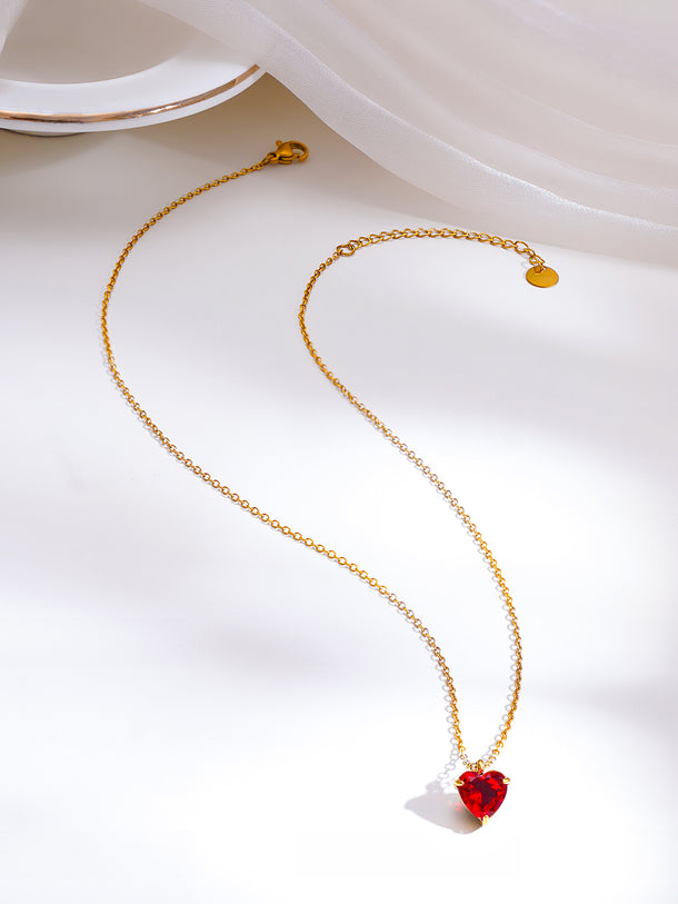 Demifine 18K Gold Plated Stainless Steel Mini Ruby Heart Pendant Necklace