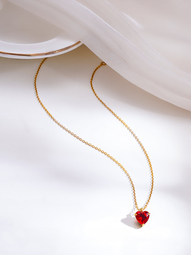 Demifine 18K Gold Plated Stainless Steel Mini Ruby Heart Pendant Necklace