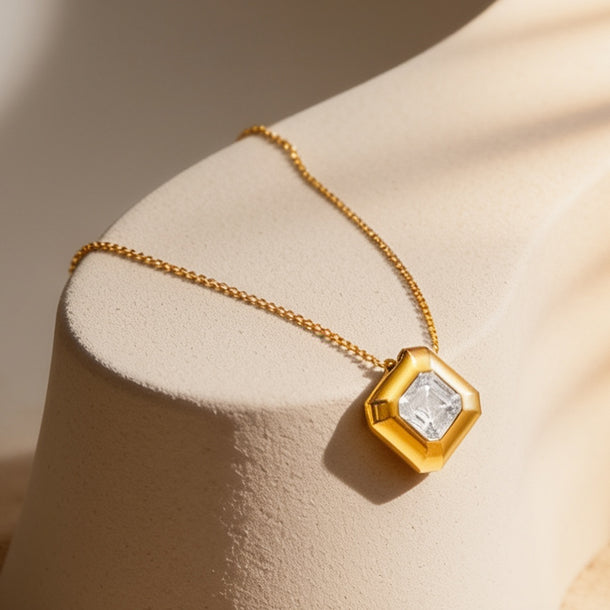 Demifine 18K Gold Plated Stainless Steel Geometric Crystal Pendant Necklace