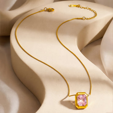Demifine 18K Gold Plated Stainless Steel Pink Crystal Pendant Necklace