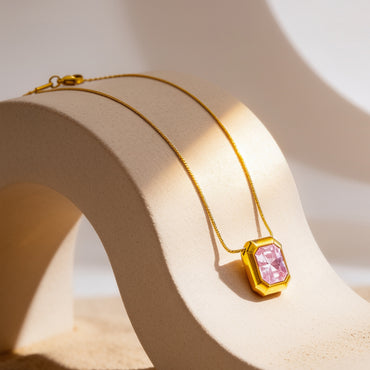 Demifine 18K Gold Plated Stainless Steel Pink Crystal Pendant Necklace
