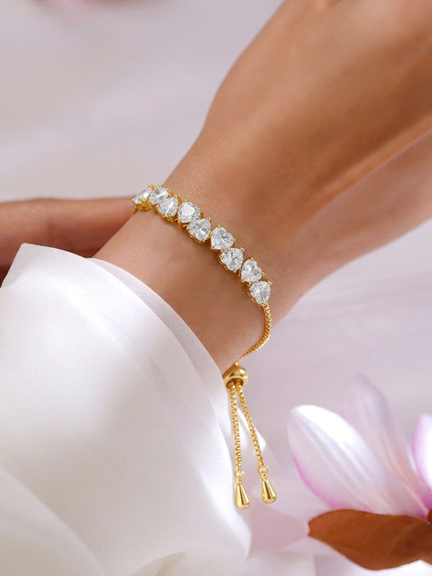 Gold Plated Heart Crystal Adjustable Tennis Bracelet