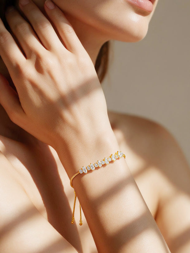 Gold Plated marquise cut adjustable tennis bolo bracelet