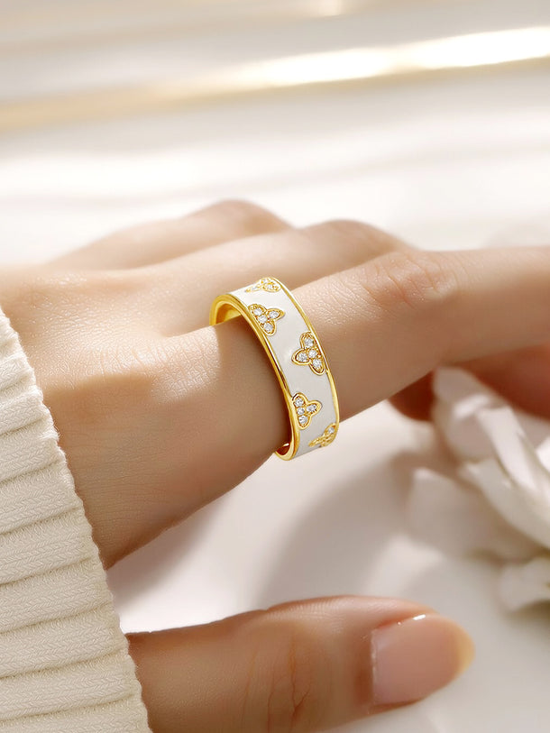 Gold Plated Ivory Clover Bloom Enamel Adjustable Ring