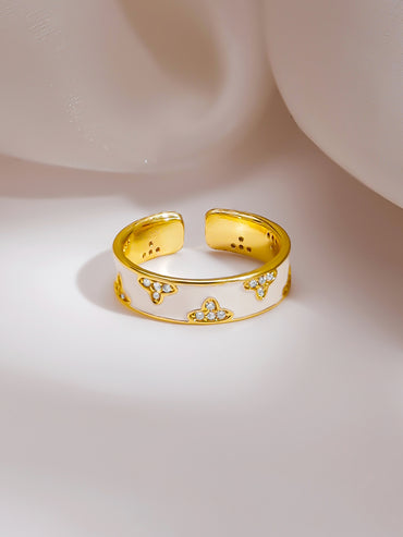 Gold Plated Ivory Clover Bloom Enamel Adjustable Ring