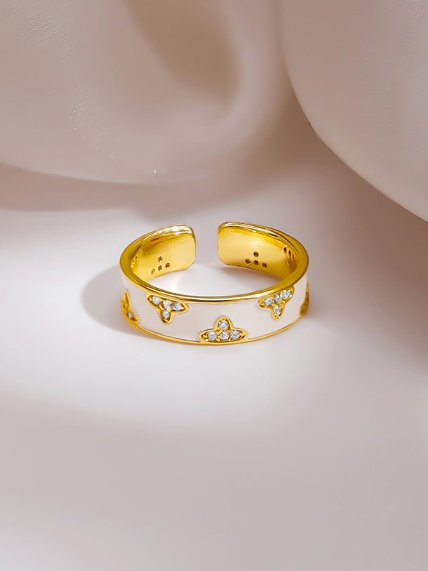 Gold Plated Ivory Clover Bloom Enamel Adjustable Ring
