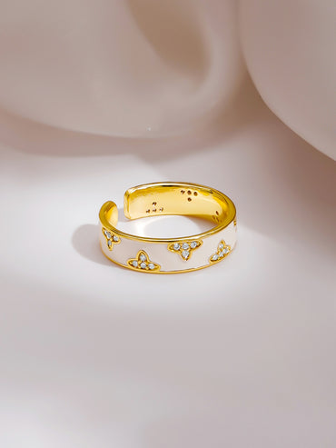 Gold Plated Ivory Clover Bloom Enamel Adjustable Ring